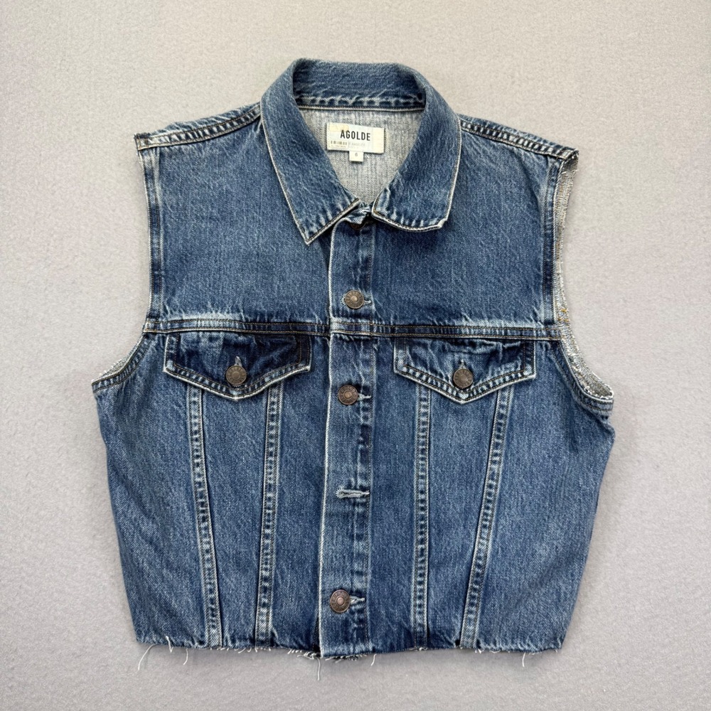 AGOLDE Size 6 Blue Denim Cropped Vest Raw Hem Button Up Distressed 90s Style